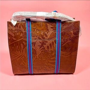 Brown Fossil Embossed Tote Bag with Blue and Pink Straps